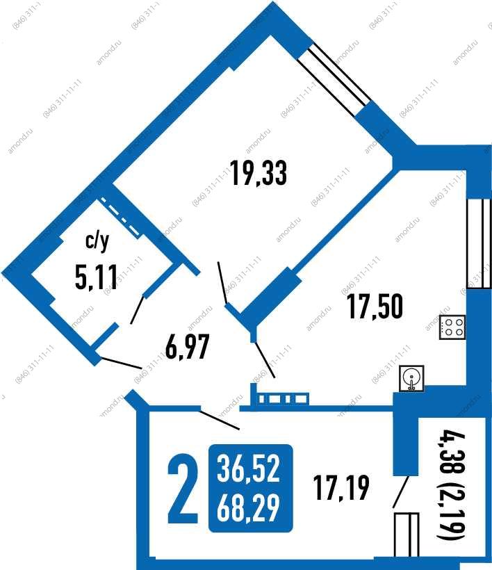 Планировка двухкомнатной квартиры площадью 68,29 м2 в жилом районе «Волгарь» в Самаре