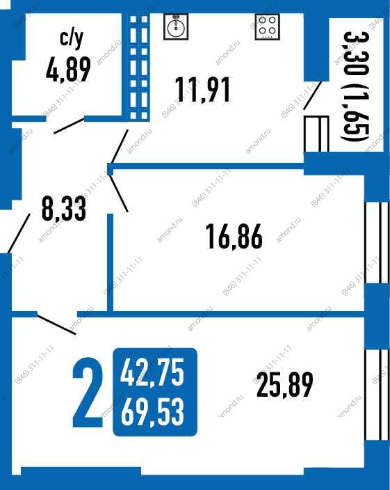Планировка двухкомнатной квартиры площадью 69,53 м2 в жилом районе «Волгарь» в Самаре