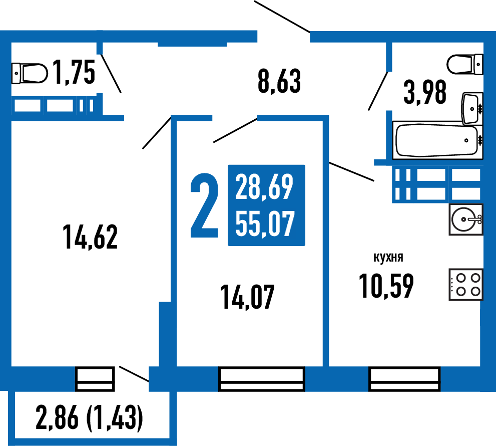 План двухкомнатной квартиры площадью 55,07 м2. Цена 4 543 275 рублей Планировка двухкомнатной квартиры площадью 55,07 м2 в жилом районе «Волгарь» в Самаре