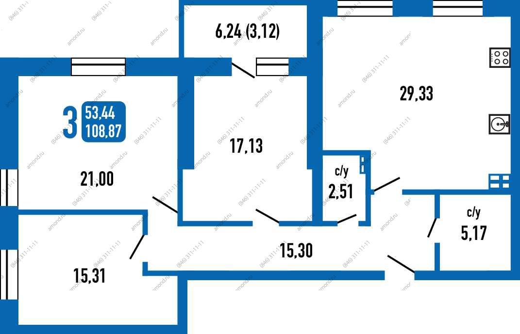 План трехкомнатной квартиры площадью 108,87 м2. Цена 6 532 200 рублей Планировка трехкомнатной квартиры площадью 108,87 м2 в жилом районе «Волгарь» в Самаре