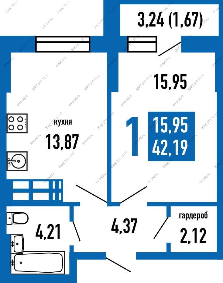 План однокомнатной квартиры площадью 42,19 м2. Цена 3 501 770 рублей Планировка однокомнатной квартиры площадью 42,19 м2 в жилом районе «Волгарь» в Самаре