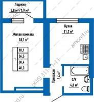 Планировка однокомнатной квартиры площадью 38,40 м2 в жилом районе «Волгарь» в Самаре